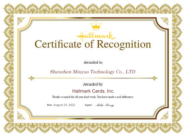 M&Y Gift Solution Company Certificate of Recognition by Hallmark.jpg